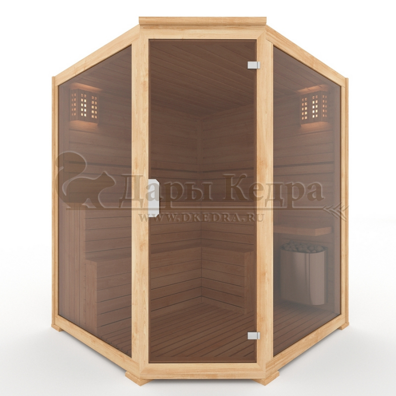 Четырехместная угловая финская сауна кабина из кедра с электрокаменкой Четырехместная угловая финская сауна кабина из кедра с электрокаменкой