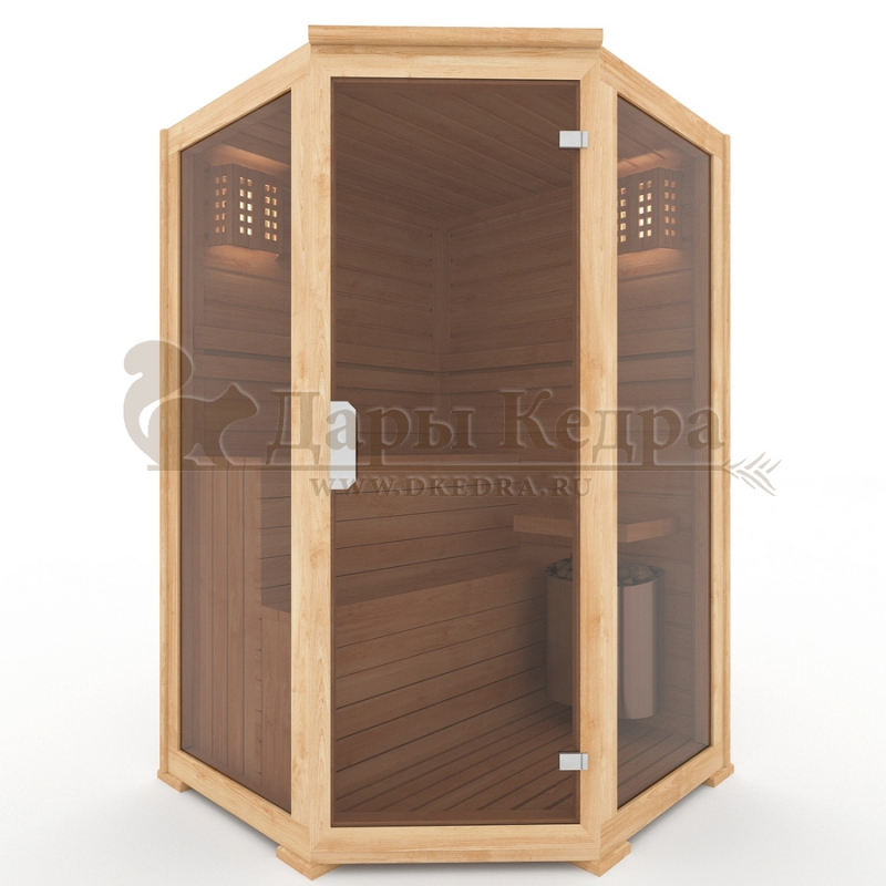 Двухместная угловая финская сауна кабина из кедра с электрокаменкой Двухместная угловая финская сауна кабина из кедра с электрокаменкой